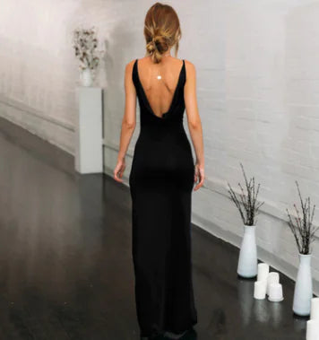 V-Neck Backless Bodycon Dress with Slit Straps